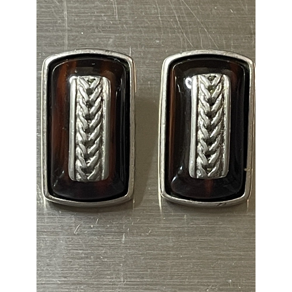 Vintage Ben Amun Modern Pewter/Lucite Clip On Earrings Dark Carmel Color Signed - Picture 2 of 11